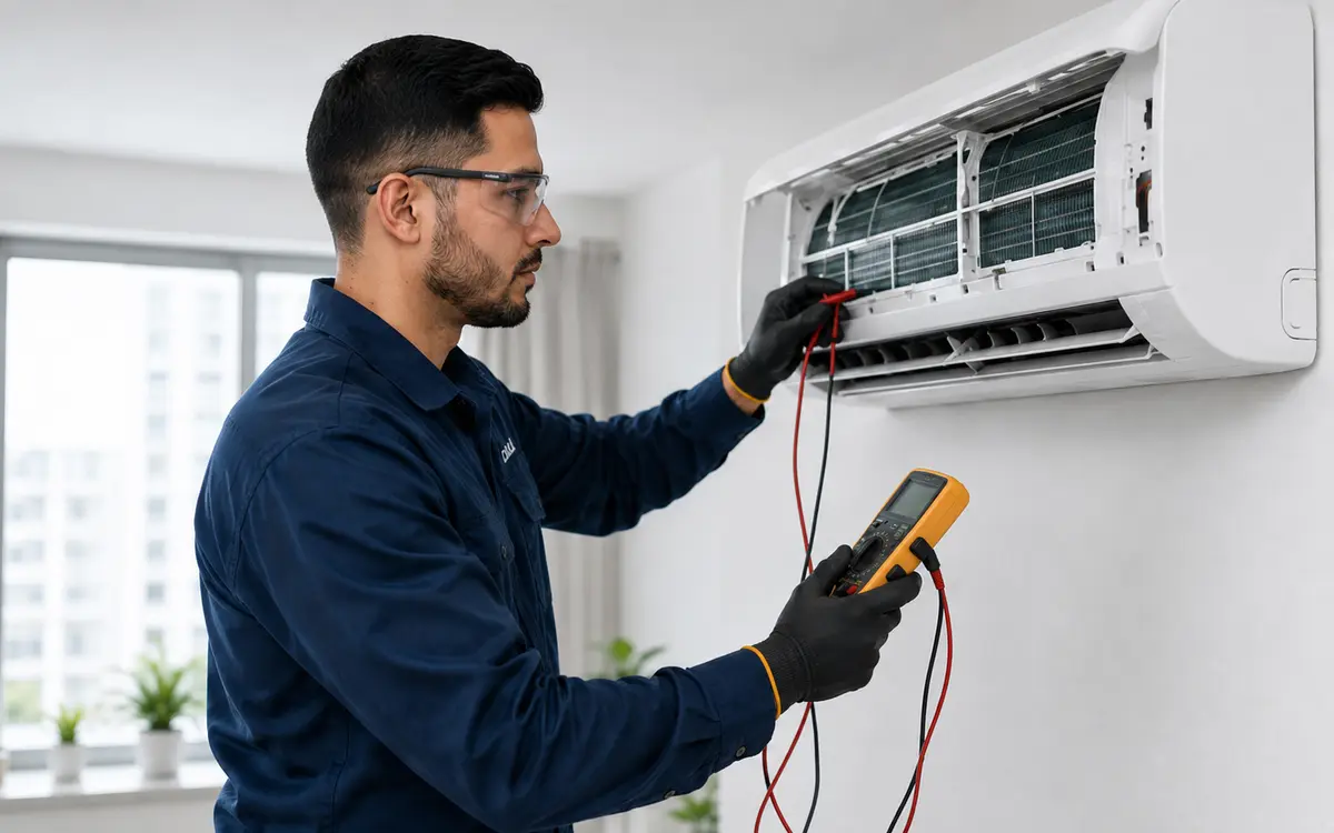 Técnico realizando manutenção de ar-condicionado em Ipatinga