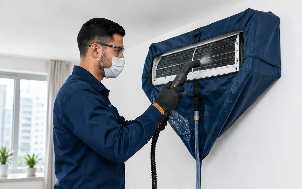 Técnico realizando limpeza e higienização de ar-condicionado em Ipatinga