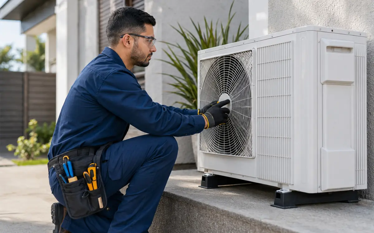 Técnico da Fagundes Refrigeração realizando atendimento em aparelho de ar-condicionado